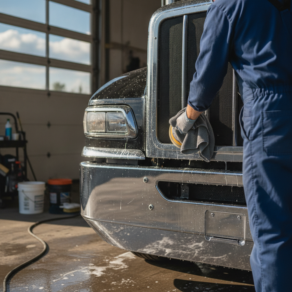 technician doing Truck Detailing, don't show the face of the technician. Focus on the truck.
